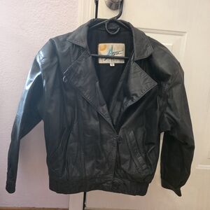 Women's Black Leather Bomber Jacket - Classic Casual Style